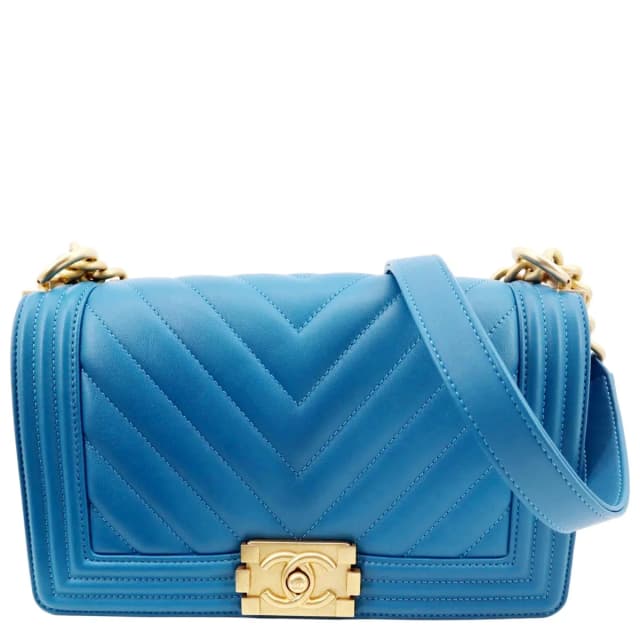 Chanel Medium Boy Flap Chevron Quilted Calfskin Shoulder Bag Blue in Blue Calfskin from Dallas Designer Handbags, photo 1 of 1