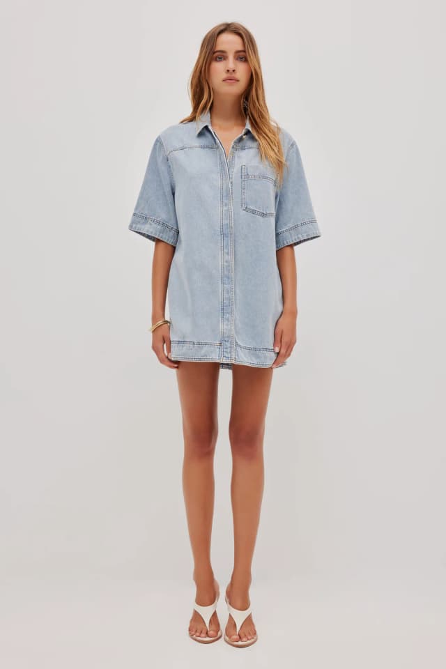 AJE Corrie Denim Mini Tunic Dress in LIGHT SKY WASH, image 1 of 1 from Aje