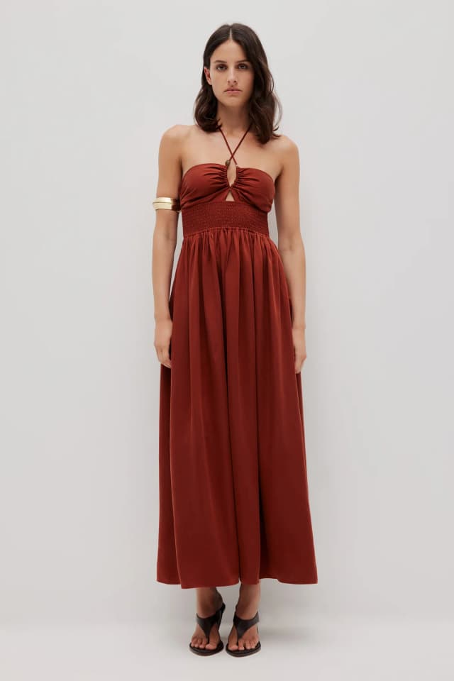 Aje Studio Emberlyn Halter Maxi Dress in OCHRE, image 1 of 1 from Aje