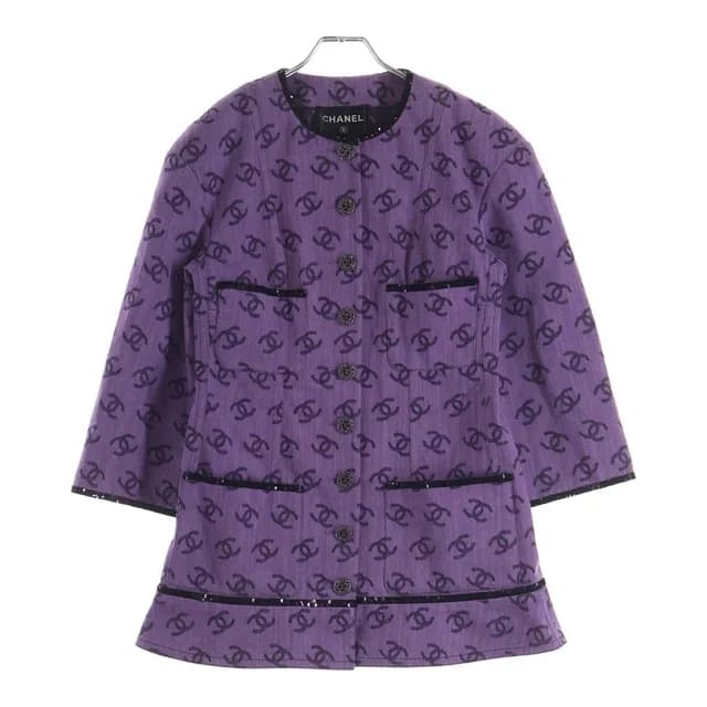 Chanel CC Logo Collarless Jacket Purple Cotton 36 in Purple from The Reluxe, photo 1 of 1