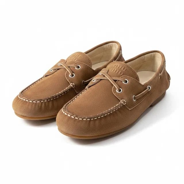 Miu Miu G7 Suede Loafers Deck Shoes Embossed Logo Brown Leather in Brown Suede from The Reluxe, photo 1 of 1