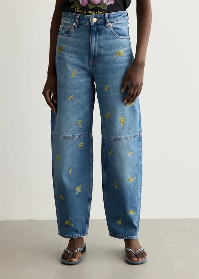 Ganni Printed Flower Denim Stary Jeans in Light Blue Vintage 565, image 1 of 1 from Incu