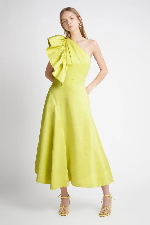 AJE Bonjour Asymmetric Midi Dress in LIME GREEN, image 1 of 1 from Aje