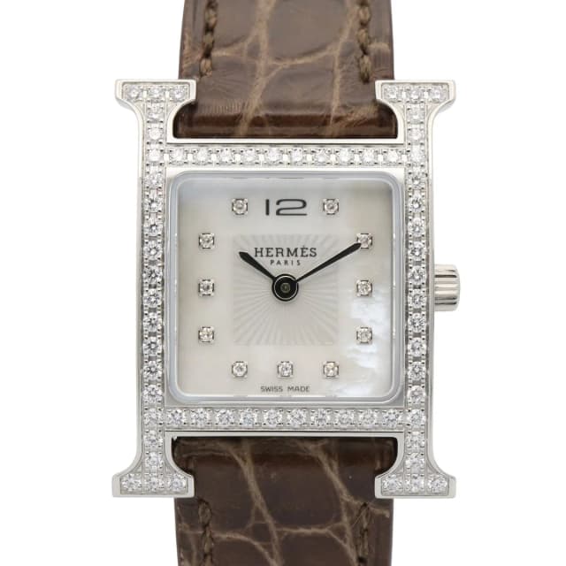 Hermès Watch White Shell Stainless Steel Diamond in White Leather from The Reluxe, photo 1 of 1