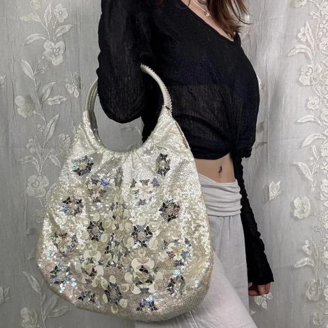 Y2k Anteprima Metallic Silver Wirebag - Made In Italy Sequin Floral Tote in white Woven leather from Poshmark, photo 1 of 1