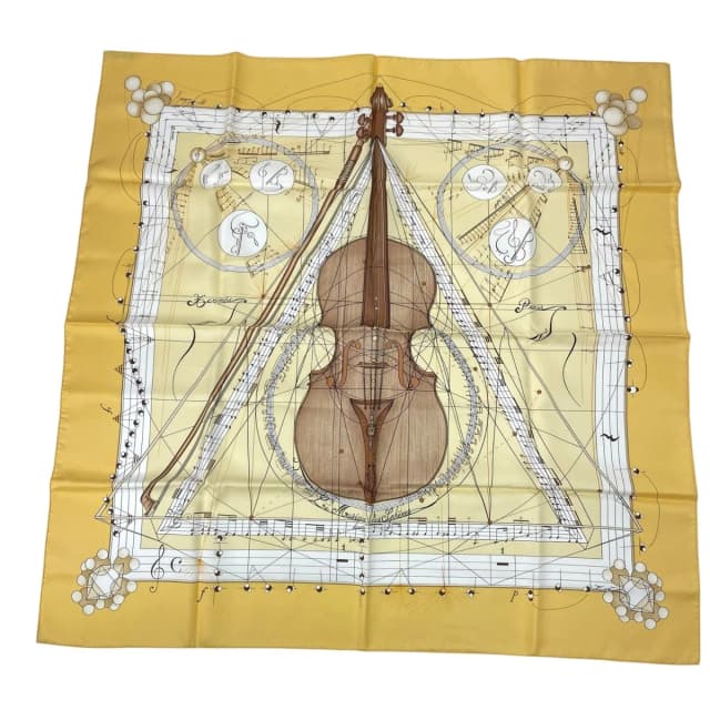 Hermès Scarf Silk Carre 90 Music Played By Spheres la Musique Des Yellow in Yellow Silk from The Reluxe, photo 1 of 1