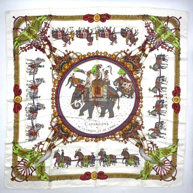 Hermès Caparacons de la France Et de L'inde Carre 90 Silk Yellow White Red Scarf in White Silk from The Reluxe, photo 1 of 1