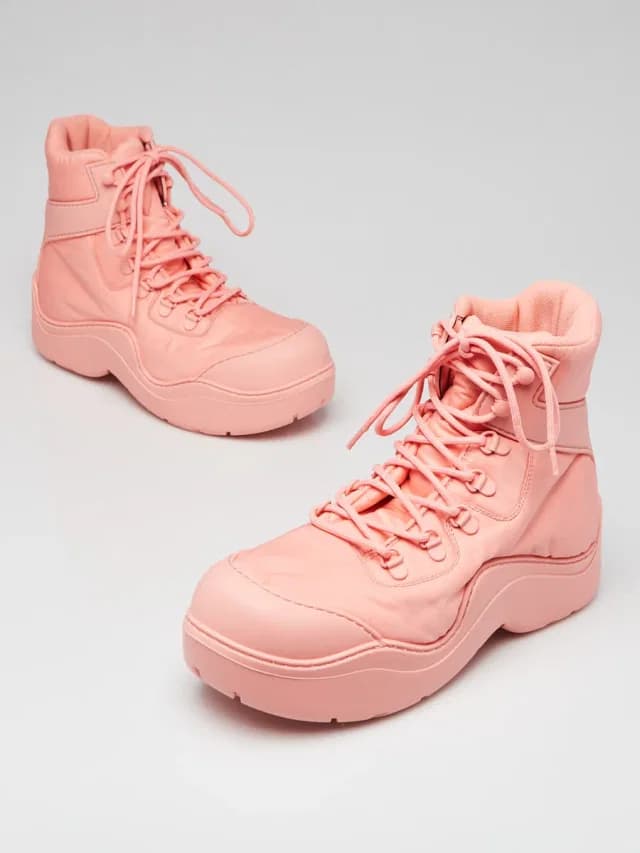Bottega Veneta Flamingo Pink Technical Fabric/Rubber Puddle Bomber Boots Size 9.5/40 in Pink from Yoogis, photo 1 of 1