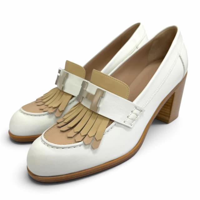 Hermès Elysee 70 Constance Silver Leather Pumps Chunky Heel White in White Leather from The Reluxe, photo 1 of 1