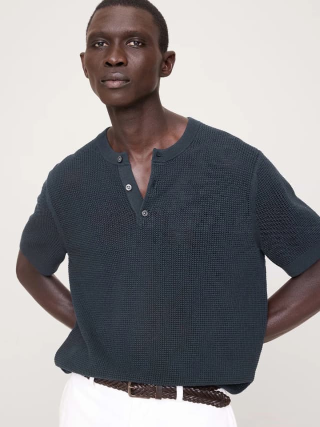 Banana Republic Cotton-Silk Short-Sleeve Henley Sweater in Navy Blue, image 1 of 1 from Banana Republic (Canada)