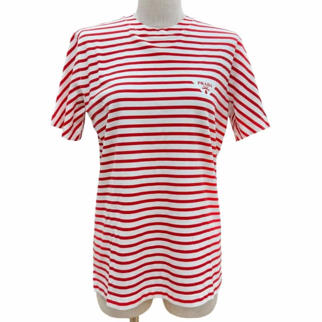 Prada 100% Cotton Triangle Logo Border Pattern Short Sleeve T-Shirt Red White XS in White from The Reluxe, photo 1 of 1