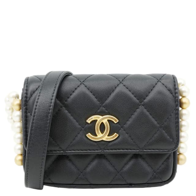 Chanel Flap Pearls Strap Quilted Calfskin Leather Card Holder Black in Black Calfskin from Dallas Designer Handbags, photo 1 of 1