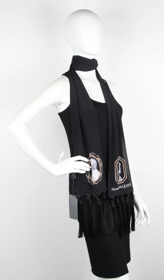 Alexander McQueen Cameo Portrait Silk Tassel Scarf, Black, image 1 of 1 from Cultstatus