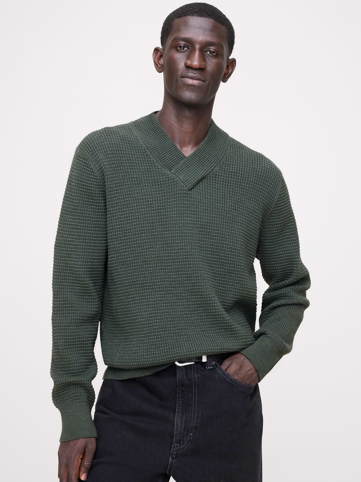 Banana Republic Cotton Thermal-Knit V-Neck Sweater in Yosemite Green, image 1 of 1 from Banana Republic (Canada)