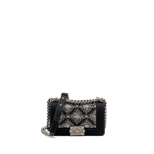 Chanel small boy bag Jersey strass crystal wool felt black ruthenium SHW in Black Wool from EMIER, photo 1 of 1