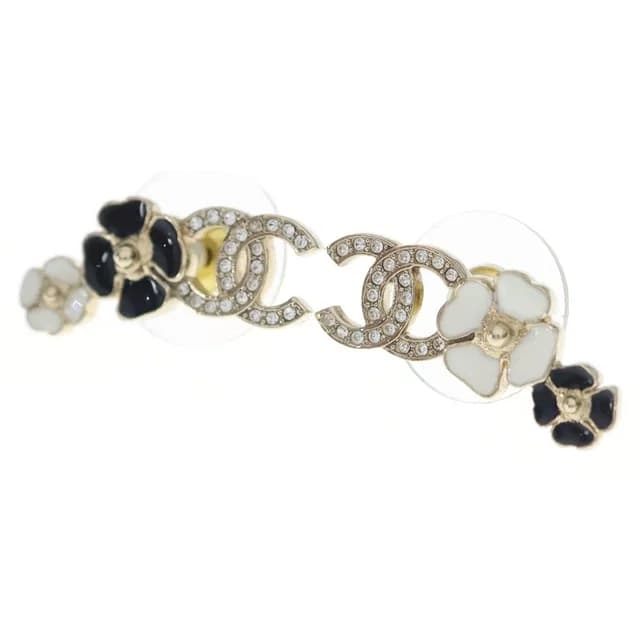 Chanel CC Logo Camellia Earrings Metal Gold Black White Rhinestone in Black from The Reluxe, photo 1 of 1