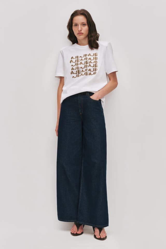 AJE Alive Embellished Logo Tee in WHITE/GOLD, image 1 of 1 from Aje