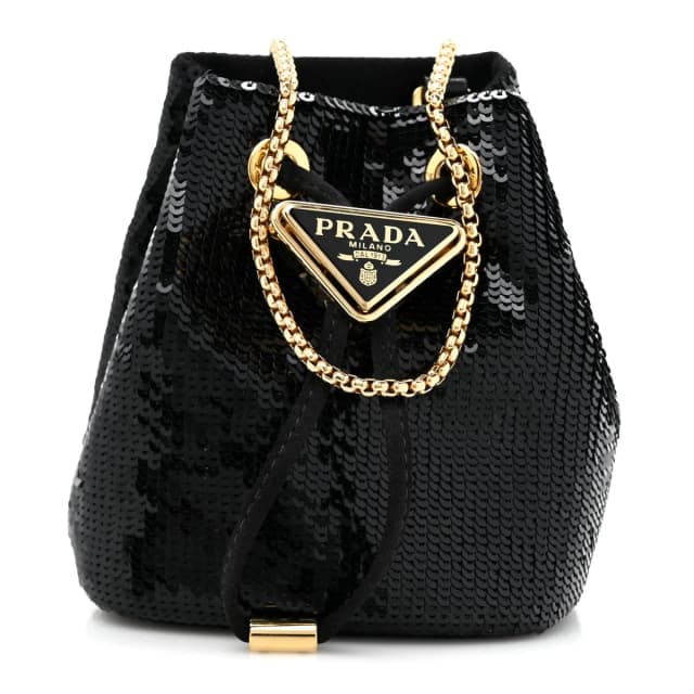 Prada Sequin Satin Triangle Logo Mini Pouch Bag - Black in Black Satin from H&T, photo 1 of 1