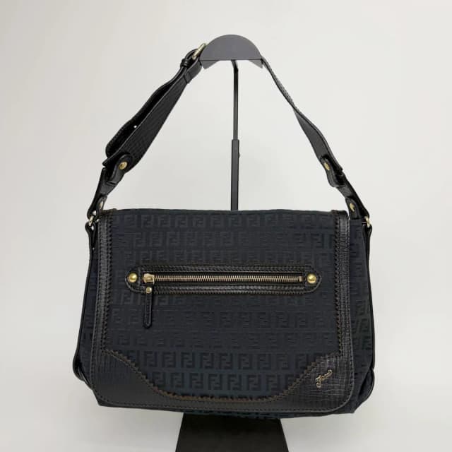 Fendi FF Zucca Front Zip Messenger Shoulder Bag Canvas Leather Black Gold in Black Canvas from The Reluxe, photo 1 of 1