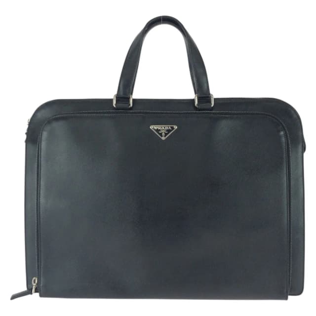 Prada Saffiano Black Silver Leather Business Briefcase in Black Saffiano leather from The Reluxe, photo 1 of 1