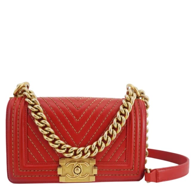 Chanel Boy Flap Small Chevron Leather Shoulder Bag Red in Red Leather from Dallas Designer Handbags, photo 1 of 1