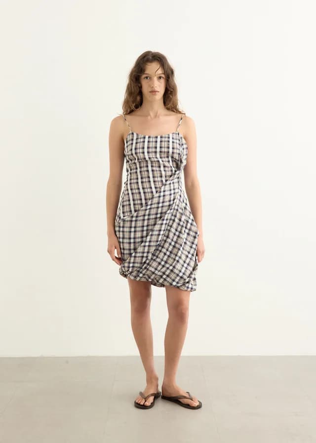 Wynn Hamlyn Rowan Twist Mini Dress in Navy/White Check, image 1 of 1 from Incu