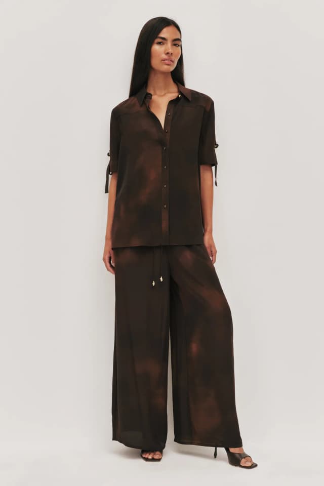 AJE Glaze Silk Shirt in CHOCOLATE INK, image 1 of 1 from Aje
