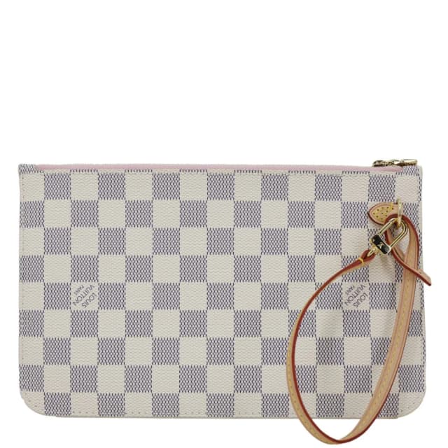 Louis Vuitton Neverfull Damier Azur Pochette Wristlet Rose Ballerine in Pink Canvas from Dallas Designer Handbags, photo 1 of 1
