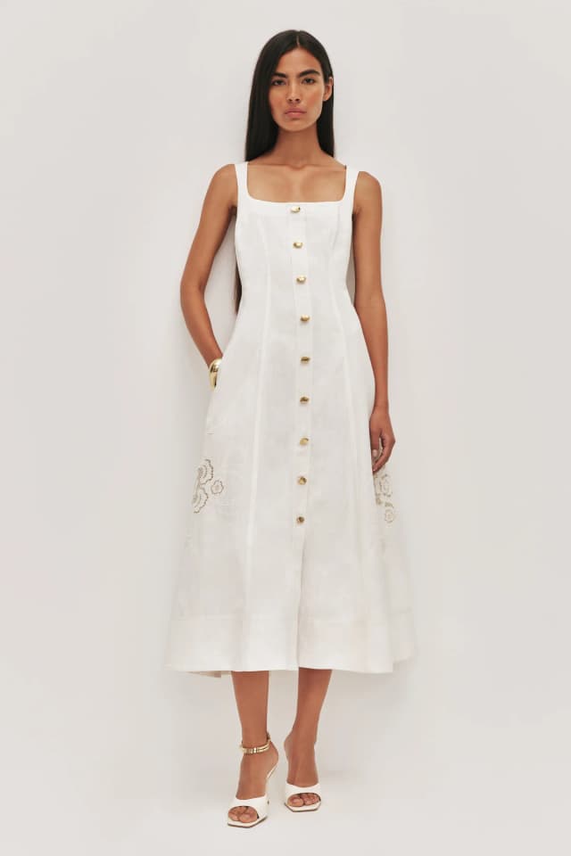 AJE Halo Embroidered Midi Dress in IVORY, image 1 of 1 from Aje