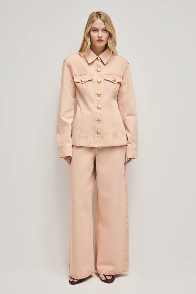 AJE Sunrise Denim Long Sleeve Shirt in PINK SAND, image 1 of 1 from Aje