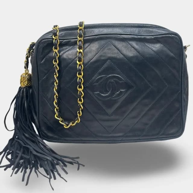 Chanel Vintage 80's Navy Diamond-Quilted Lambskin Tassel Camera Bag in Navy Lambskin from Loop Generation, photo 1 of 1