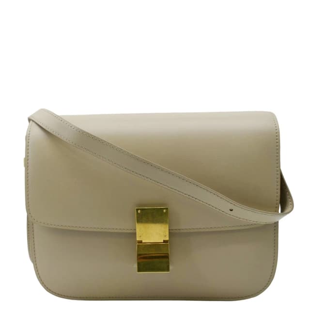 Celine Classic Box Medium Leather Flap Shoulder Bag Greige in Taupe Leather from Dallas Designer Handbags, photo 1 of 1