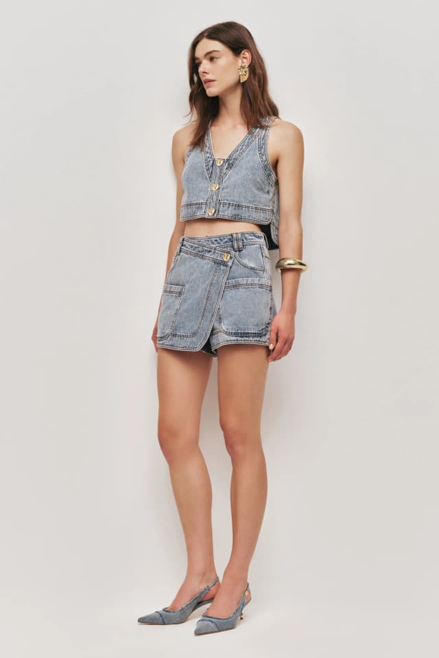 AJE Birch Denim Top in SKY WASH, image 1 of 1 from Aje