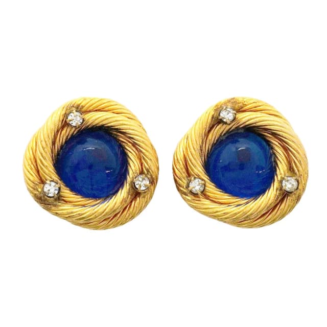 Chanel Earrings Vintage Round Circle Gold Plated Rhinestone Gripoix Blue in Blue from The Reluxe, photo 1 of 1