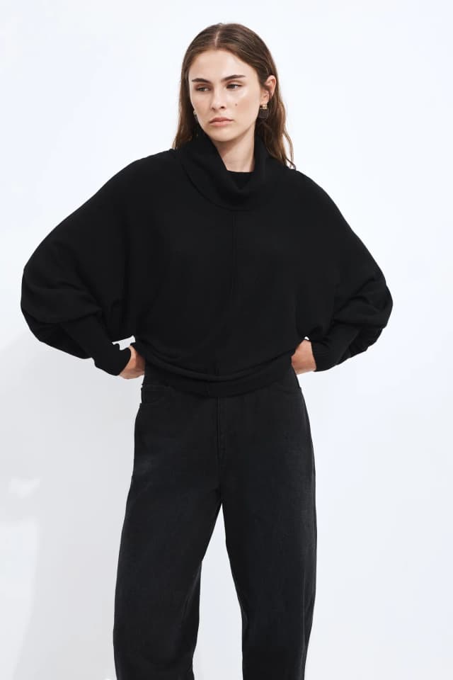 Aje Studio Alma Cowl Neck Jumper in BLACK, image 1 of 1 from Aje