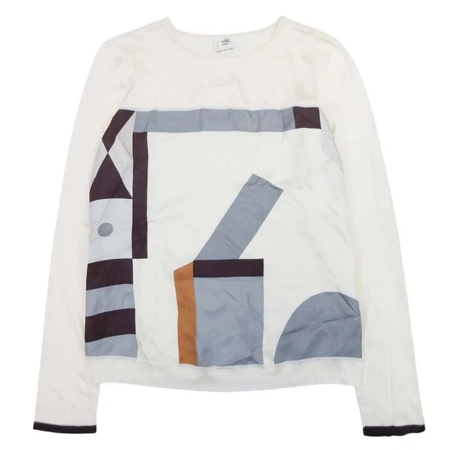 Hermès Twillaine Knit Silk Long Sleeve Geometric Pattern Top 34 Ivory Gray in White Silk from The Reluxe, photo 1 of 1