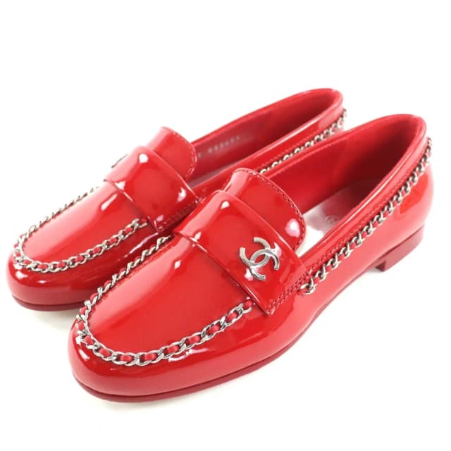 Chanel With Coco Mark Parts Patent Leather Chain Loafers Red in Red Patent leather from The Reluxe, photo 1 of 1