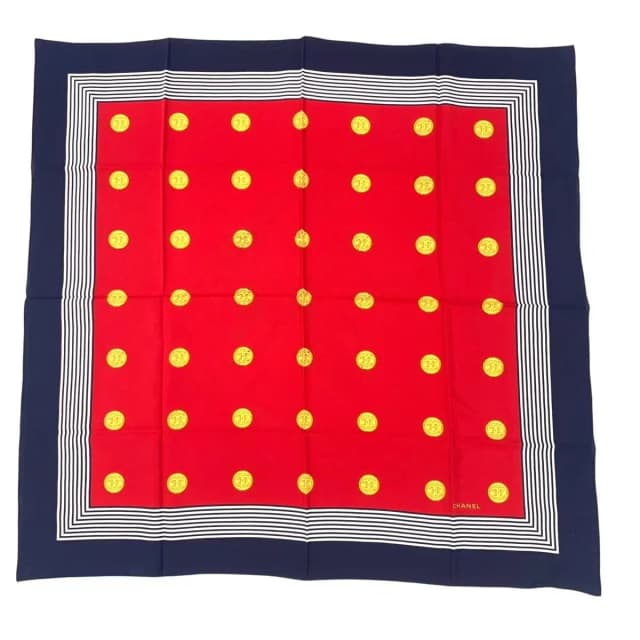 Chanel Scarf Silk CC Logo Gold Coin Pattern Red Multicolor in Red Silk from The Reluxe, photo 1 of 1