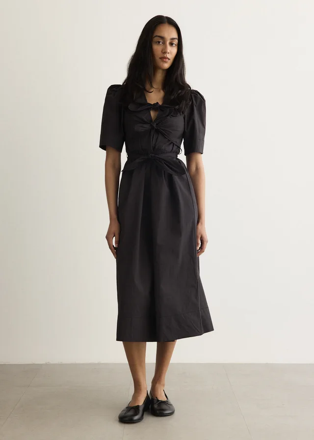 Ganni Stretch Cotton Tie Strap Midi Dress in 099 Black, image 1 of 1 from Incu