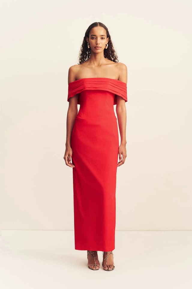 Shona Joy CAMPBELL OFF SHOULDER FITTED MAXI DRESS - GOJI, image 1 of 1 from Shona Joy