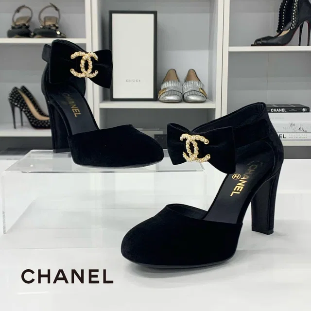 Chanel CC Logo Ribbon Velour Pearl Velcro Strap Pumps Heels from The Reluxe, photo 1 of 1