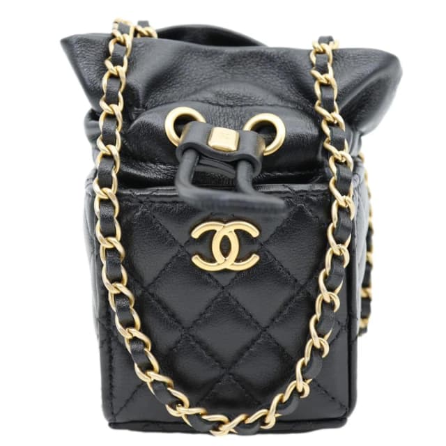 Chanel Drawstring CC Mini Quilted Leather Bucket Crossbody Bag Black in Black Leather from Dallas Designer Handbags, photo 1 of 1