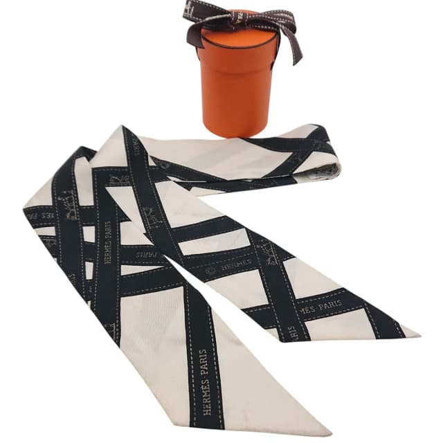 Hermès Twilly Bolduc Ribbon Pattern White Black Scarf in Black Silk from The Reluxe, photo 1 of 1