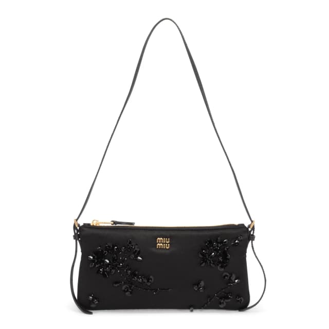 Miu Miu Duchesse Satin Beaded Mini Pouch in Black Satin from Blue Spinach, photo 1 of 1