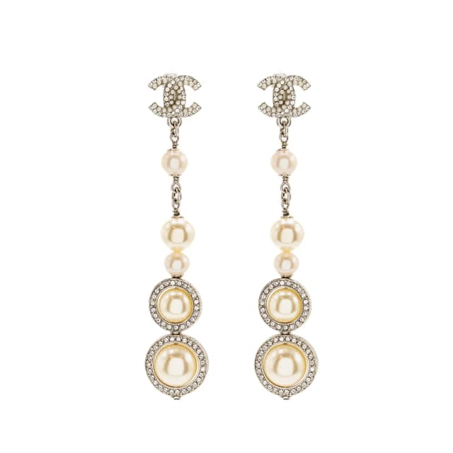 Chanel Crystal Pearl Dropped CC Logo Earrings Silver Tone in Silver from EMIER, photo 1 of 1