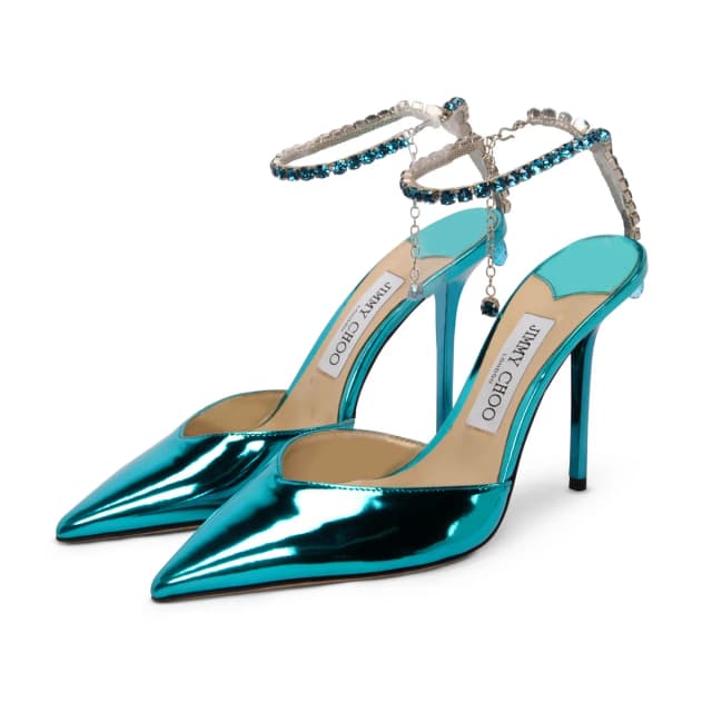 Jimmy Choo Metallic Leather Crystal Saeda Pumps 38.5 in Blue Leather from Blue Spinach, photo 1 of 1
