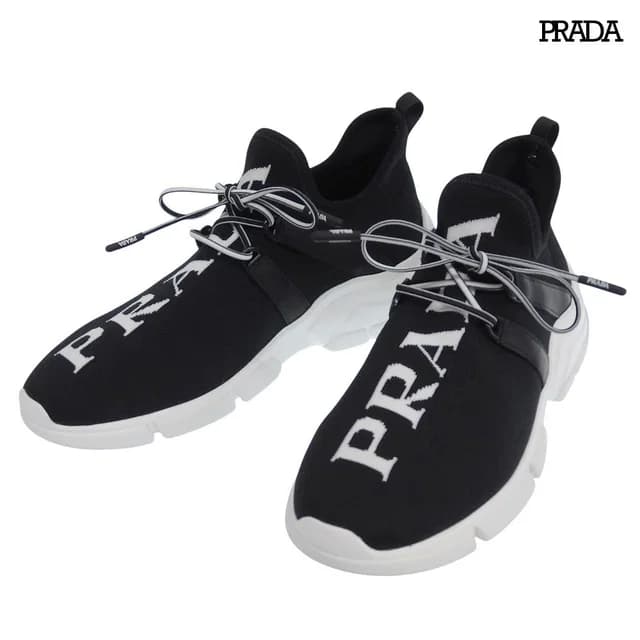 Prada Big Logo Knit Sneakers Black 37.5 in Black Leather from The Reluxe, photo 1 of 1