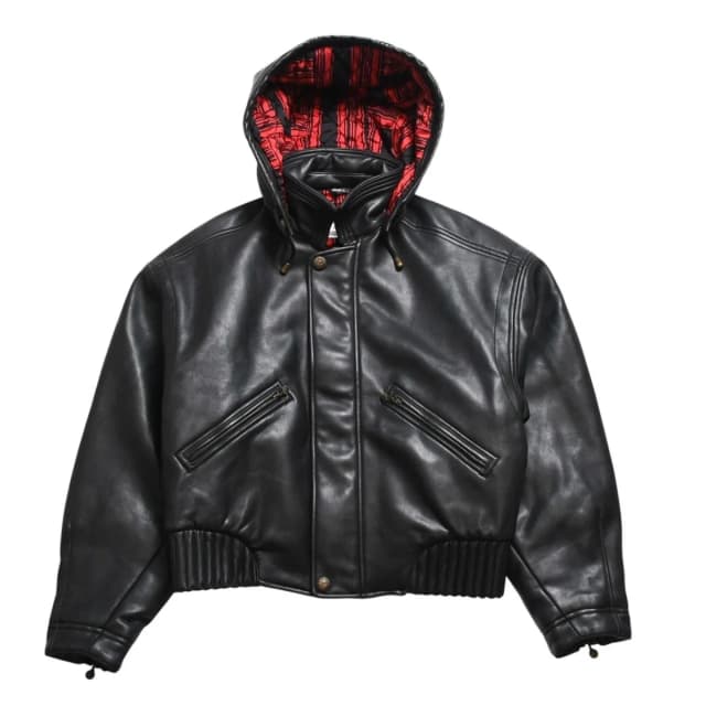 Versace Sport Faux Leather Footed Jacket Black Red Checked Stripe Pattern Gold in Black Leather from The Reluxe, photo 1 of 1