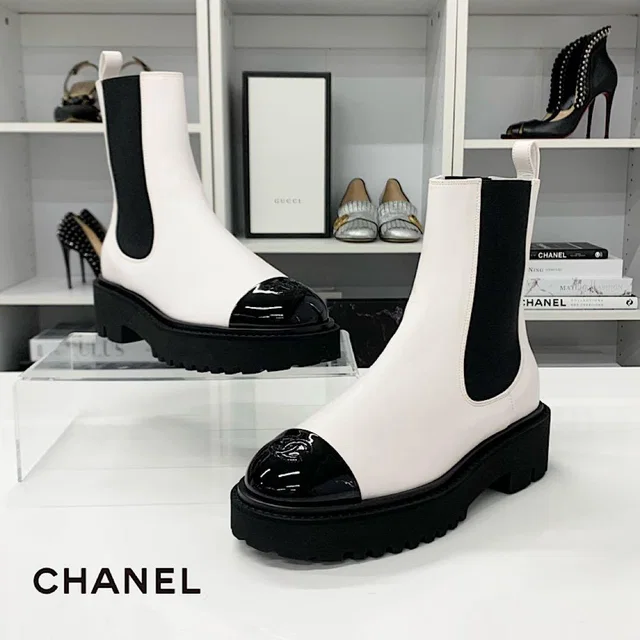 Chanel CC Logo Leather Patent Side Gore Short Boots White in White Patent leather from The Reluxe, photo 1 of 1