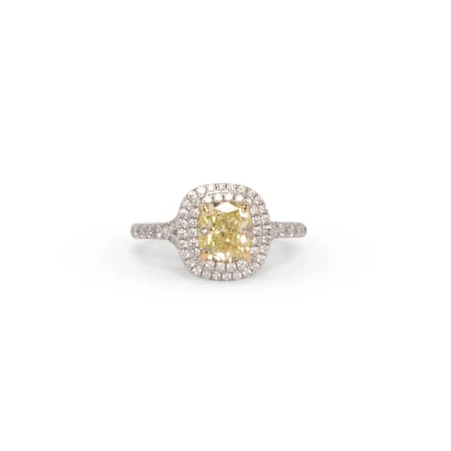 Tiffany & Co. Platinum & Yellow Diamond Soleste Cushion-Cut Halo Ring in Yellow from Blue Spinach, photo 1 of 1